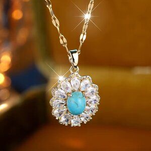 NEW 14k Gold Turquoise Blue Flower Diamond Necklace